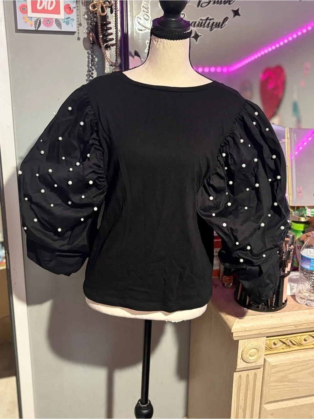 NWOT Zara Black Puff Sleeve Pearl-Studded Top